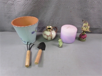 Planter, Garden Trinkets, Tools, Candle, and Ceramic Urn