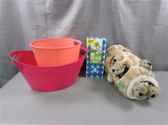 Plastic Bins, Squirrel Dog Toy, & Box of Refill Bags