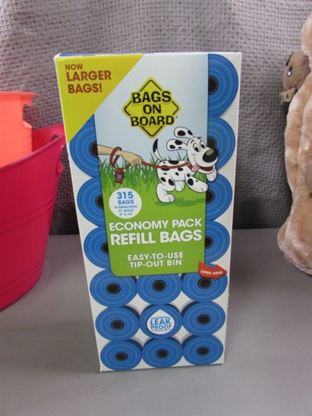 Plastic Bins, Squirrel Dog Toy, & Box of Refill Bags