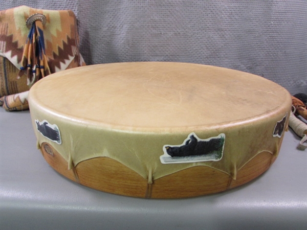 Hand Crafted Indian Drum by Ann Keller w/Bag, Rattle and Drumsticks/Beaters