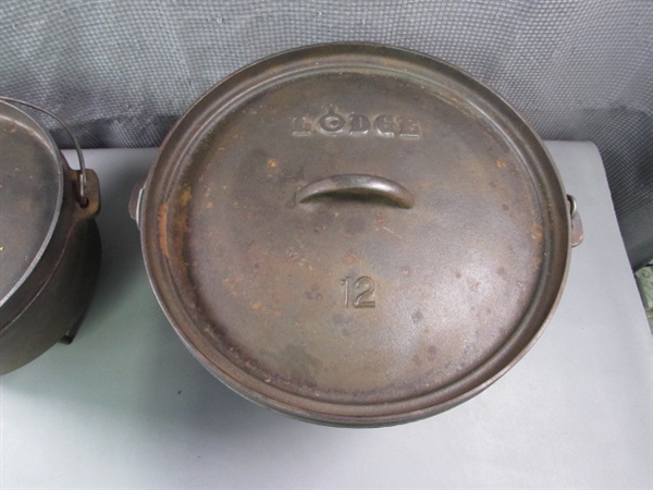 12 Lodge & 10 Unmarked Cast Iron Dutch Ovens w/Lids