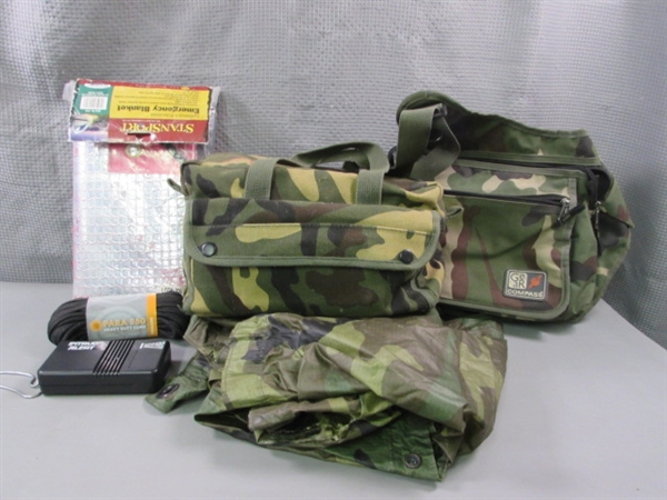 Camo Emergency Bag w/Supplies, Shoulder Bag, Poncho & More