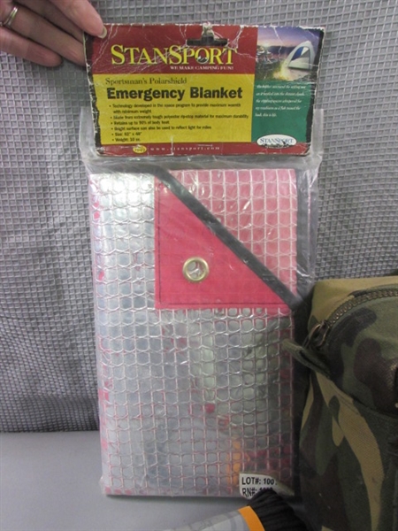 Camo Emergency Bag w/Supplies, Shoulder Bag, Poncho & More