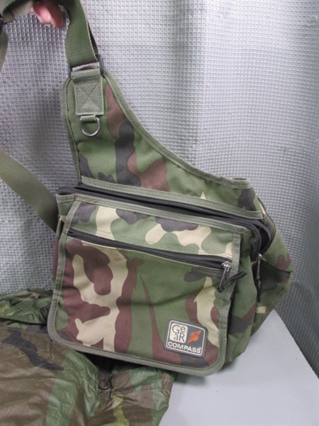 Camo Emergency Bag w/Supplies, Shoulder Bag, Poncho & More