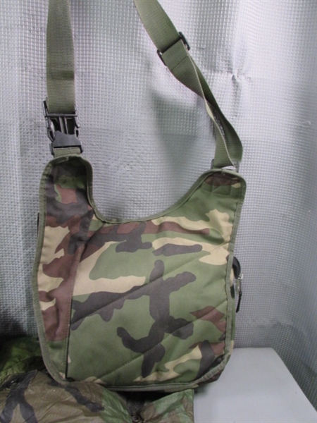 Camo Emergency Bag w/Supplies, Shoulder Bag, Poncho & More