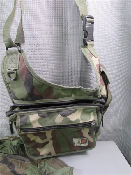 Camo Emergency Bag w/Supplies, Shoulder Bag, Poncho & More