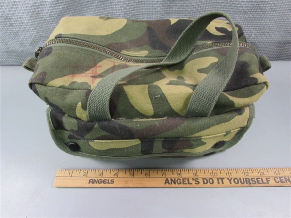 Camo Emergency Bag w/Supplies, Shoulder Bag, Poncho & More