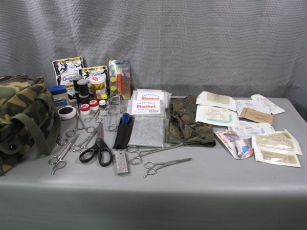 Camo Emergency Bag w/Supplies, Shoulder Bag, Poncho & More