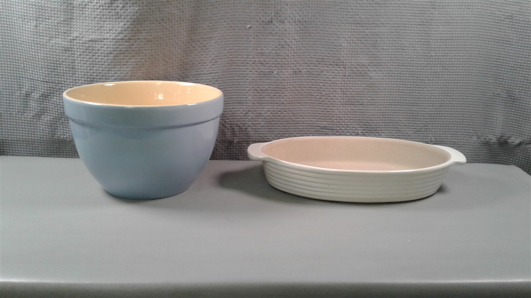 The Pampered Chef Stoneware Oval Baking Dish and Stoneware Mixing Bowl