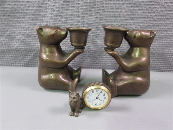 SPI- San Pacific Int'l San Francisco Brass Bear Candlesticks & Cat Clock