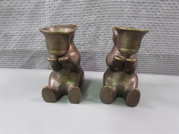 SPI- San Pacific Int'l San Francisco Brass Bear Candlesticks & Cat Clock