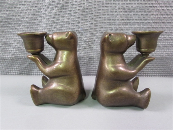 SPI- San Pacific Int'l San Francisco Brass Bear Candlesticks & Cat Clock