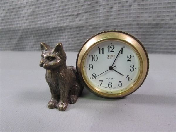 SPI- San Pacific Int'l San Francisco Brass Bear Candlesticks & Cat Clock