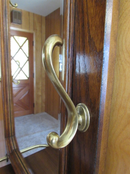 NICE WOODEN HALL TREE W/BEVELED EDGE MIRROR & BRASS ACCENTS