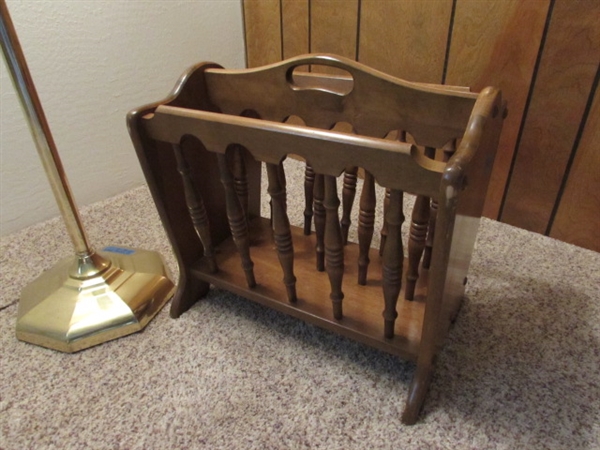 BRASS SWING ARM FLOOR LAMP & WOODEN MAGAZINE HOLDER