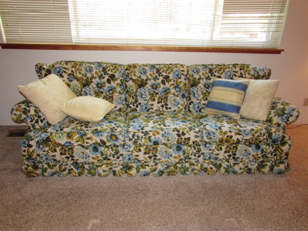 VINTAGE SOFA WITH NAILHEAD ACCENTS & PILLOWS