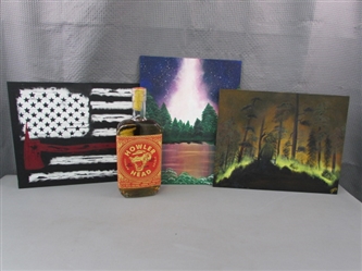 Three Acrylic on Canvas Paintings by Trina Palmer & Howler Head Whiskey