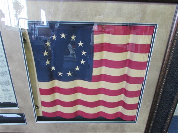 Framed 13 Star Replica Flag w/Copy of Declaration of Ind. & Quill + Tennessee Whiskey