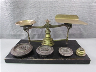 Antique Solid Brass Postal Scale & Weights