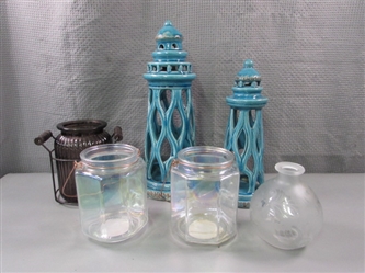 Glass Candle Lanterns, Lighthouses, and Vase