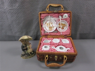 Boyds Bears Figurine & Delton Basket & Tea Set