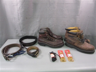 2 Pairs of Mens Boots Size 7.5 & 8, Belts, & Boot Laces