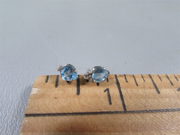 Pair of 10KT Gold Earrings With Diamonds and Aquamarine