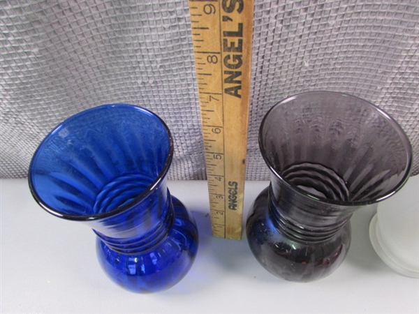 Vintage Purple and Cobalt Glass Vases, Metal Candle Holders & Other Glass Vases.