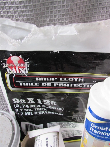 Drop Cloth, Grout Haze Remover, Tile Adhesive, and Hardware