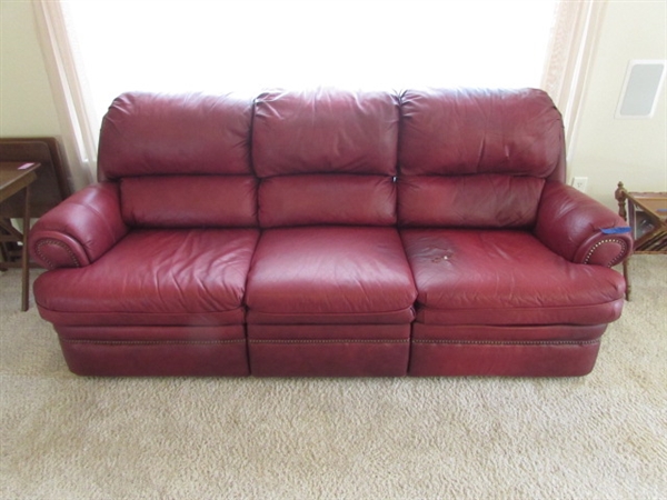 Red Leather 3 Person Couch W/Reclining Sides