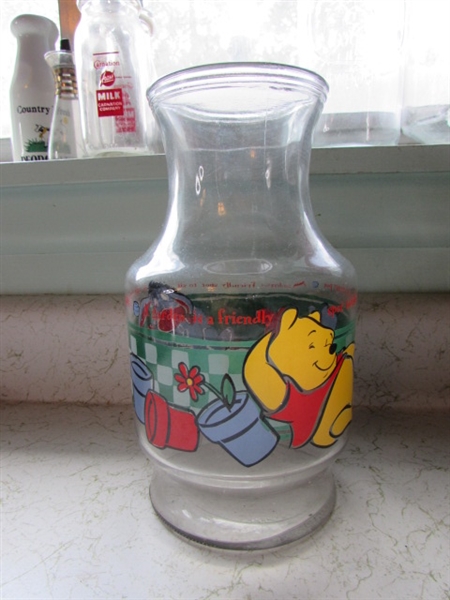 Vintage Winnie the Pooh Juice Decanter, Milk Jug and Bottles, Corn Popper Jar, etc.