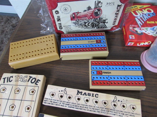 Games: Toy Train in a Tin, Jacks, Uno, Peg Boards, etc.