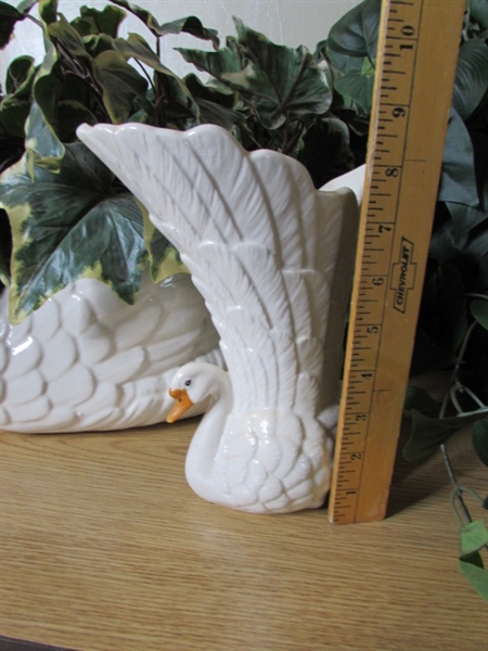 Large Ceramic Swan with Faux Leaf Plants