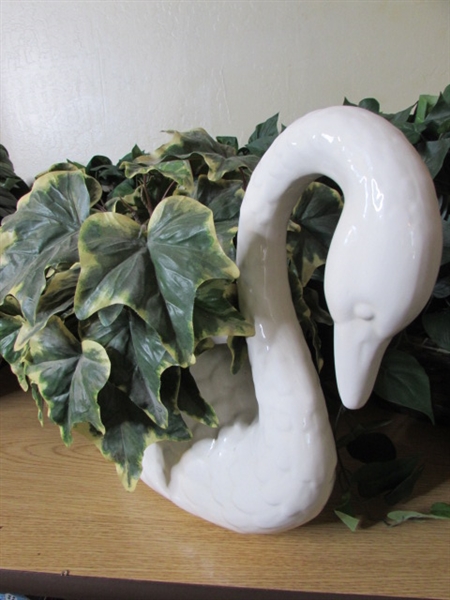 Large Ceramic Swan with Faux Leaf Plants