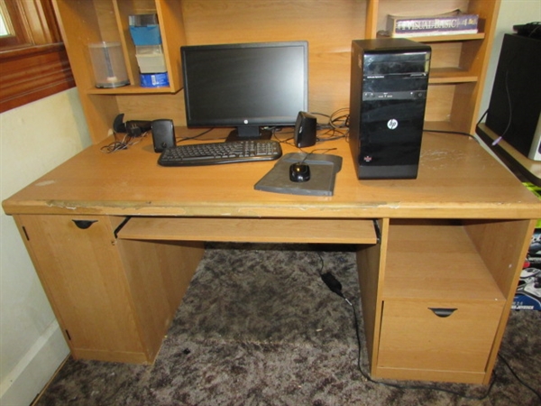 HP Windows 10 Computer with Desk, Chair, and Office Supplies