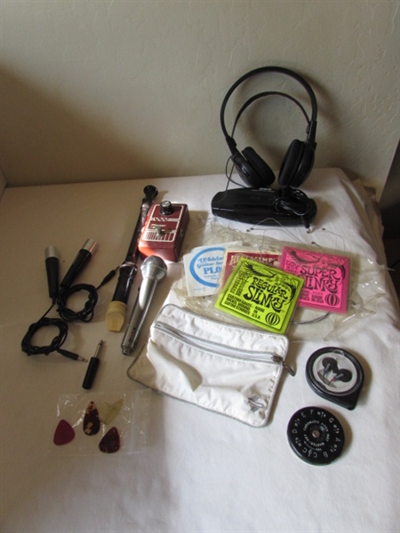 Musical Accessories. Guitar Strings, microphones, recorder, stereo infrared transmitter and headphones, etc.