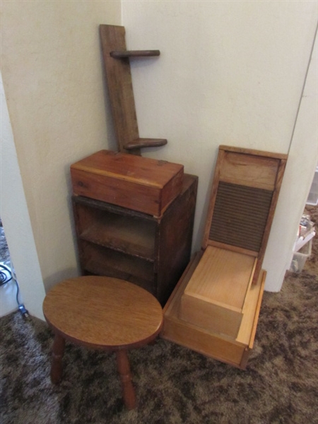 Vintage Shelf, Stool, Washboard, Boxes, etc.