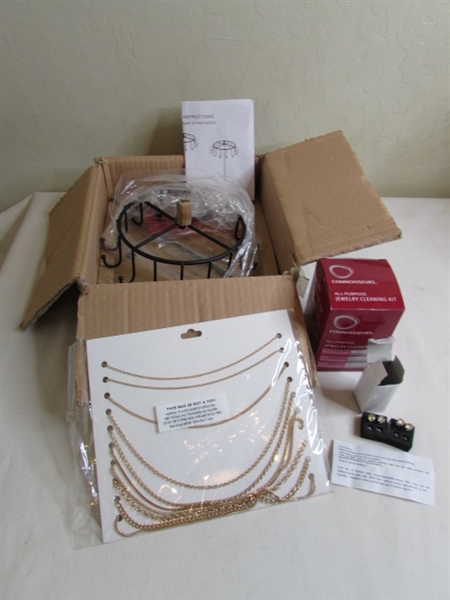 Jewelry Stand, Cleaner, and Gold-Tone Necklaces