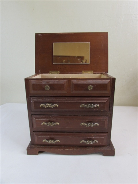 Small Wood Jewelry Box w/Vintage Jewelry