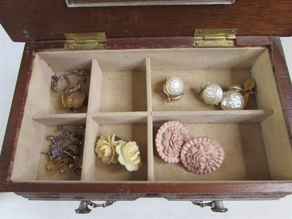 Small Wood Jewelry Box w/Vintage Jewelry