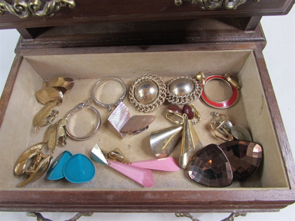 Small Wood Jewelry Box w/Vintage Jewelry