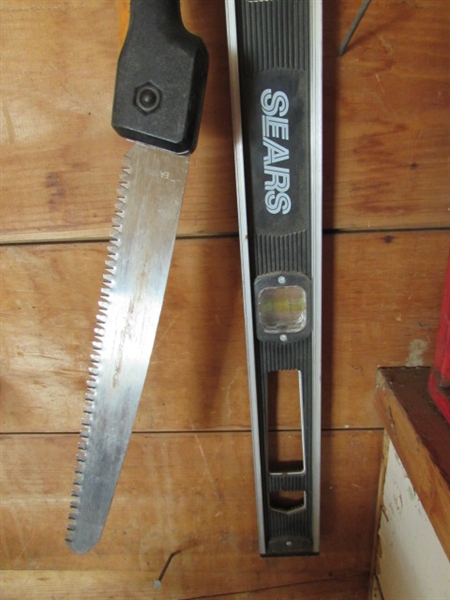 Tools- Saws, Hammer, Wedge, Gutter Scoop, Level, etc