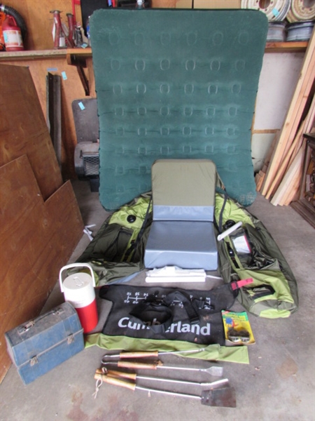 New-Fishing Float Tube, Full Size Air Mattress, Coleman Thermos, BBQ Tools, etc.