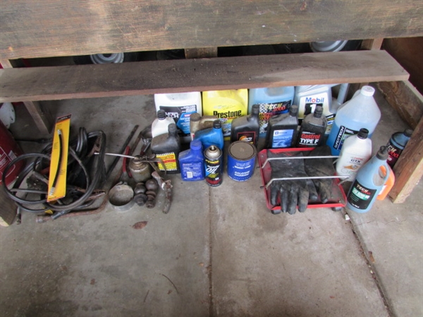 Oil, Antifreeze, Grease Can, 1 7/8 ball and another, Grease Guns, etc