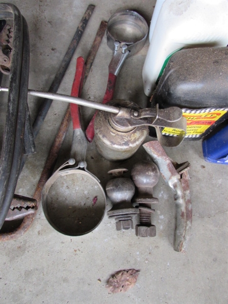 Oil, Antifreeze, Grease Can, 1 7/8 ball and another, Grease Guns, etc