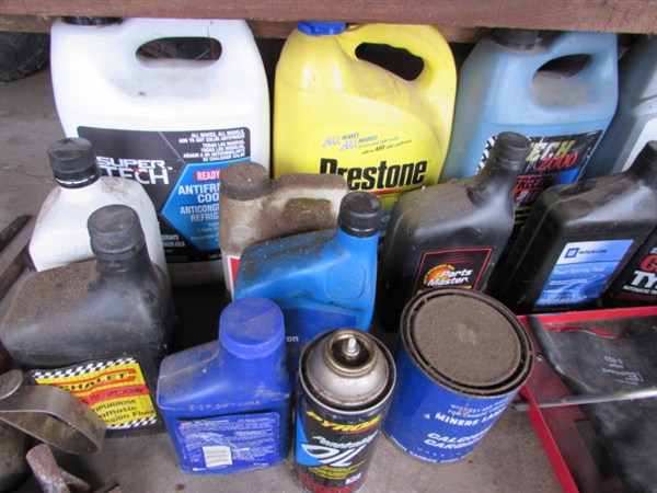 Oil, Antifreeze, Grease Can, 1 7/8 ball and another, Grease Guns, etc