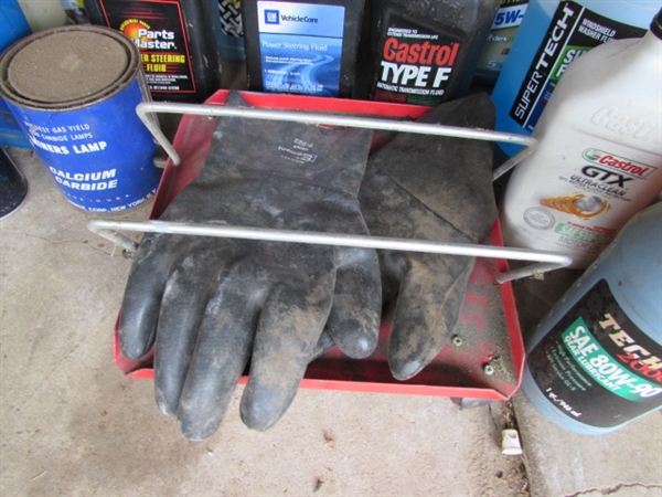 Oil, Antifreeze, Grease Can, 1 7/8 ball and another, Grease Guns, etc