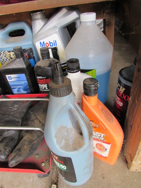 Oil, Antifreeze, Grease Can, 1 7/8 ball and another, Grease Guns, etc