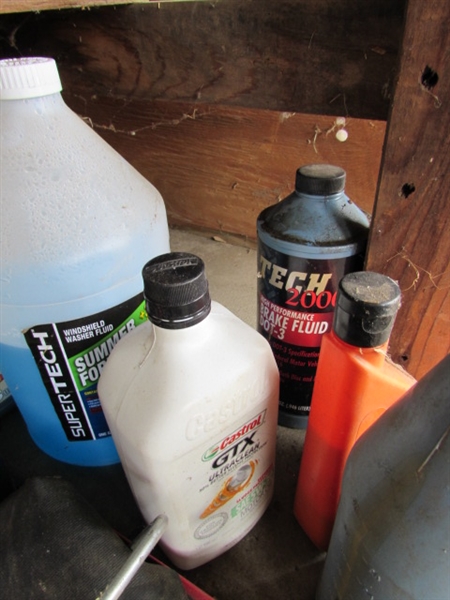 Oil, Antifreeze, Grease Can, 1 7/8 ball and another, Grease Guns, etc