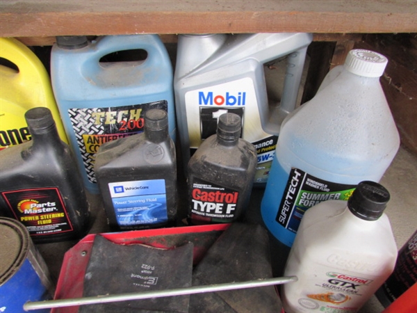 Oil, Antifreeze, Grease Can, 1 7/8 ball and another, Grease Guns, etc